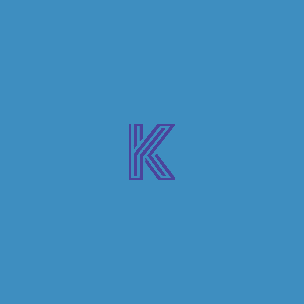 The letter k is written in purple on a blue background.