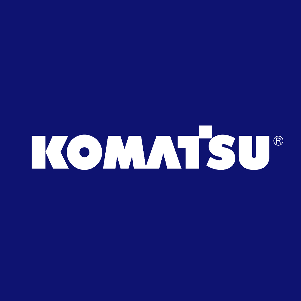 The komatsu logo is on a blue background.