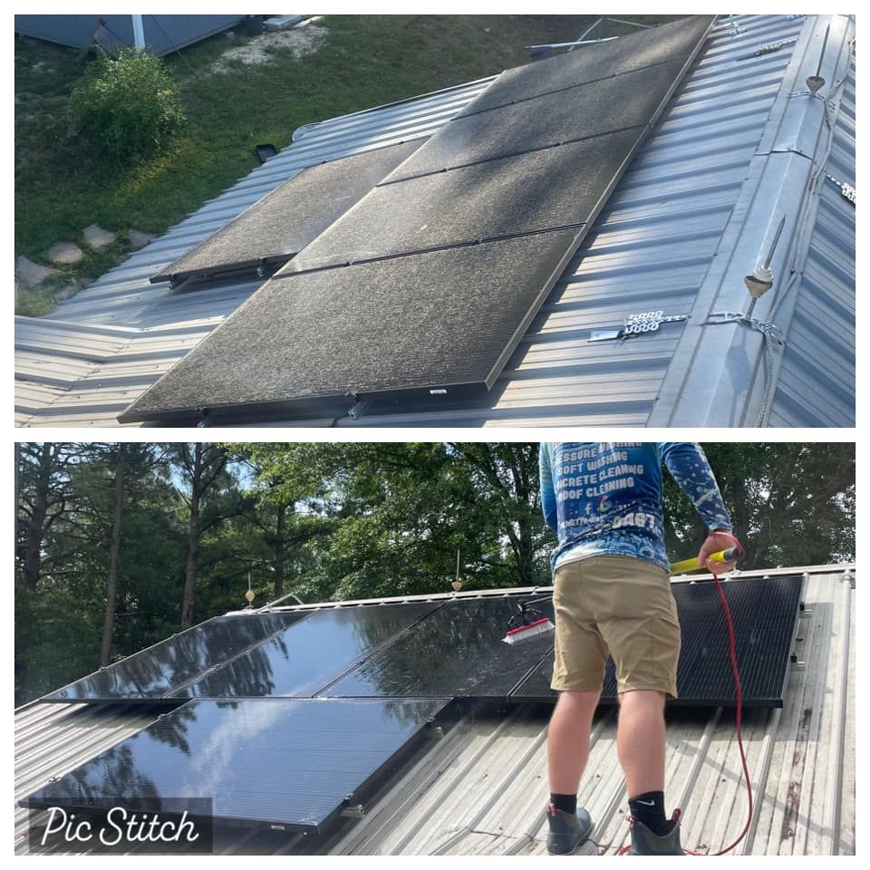 Solar panels before and after cleaning on a metal roof. A person is seen washing panels with a brush.
