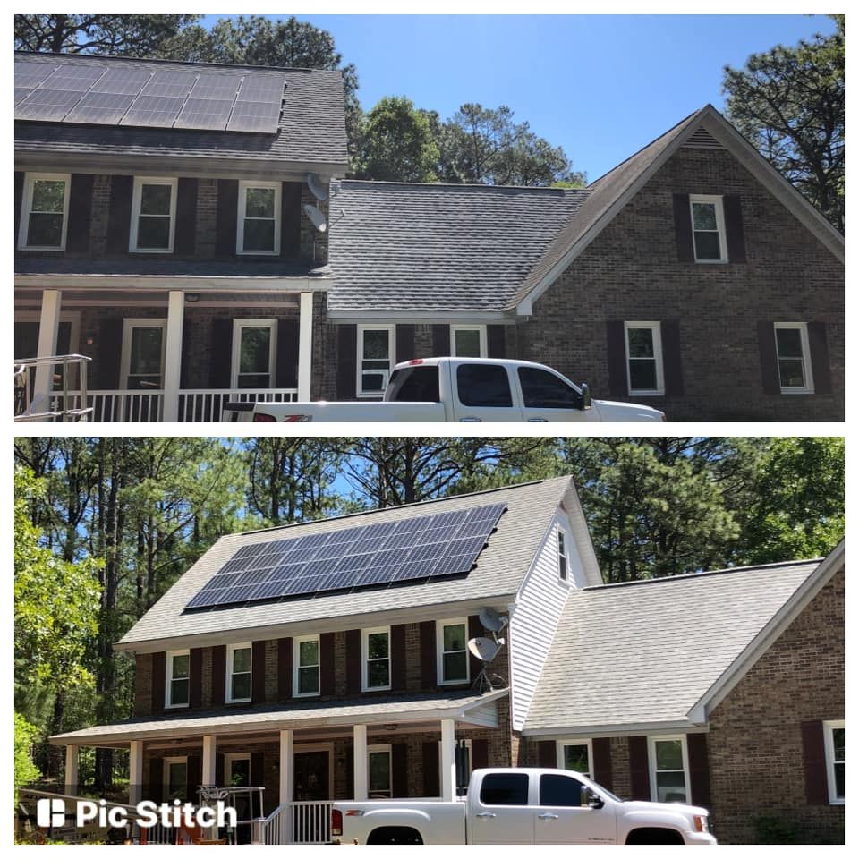 Top and bottom views of a house with solar panels on the roof and a white truck in front.