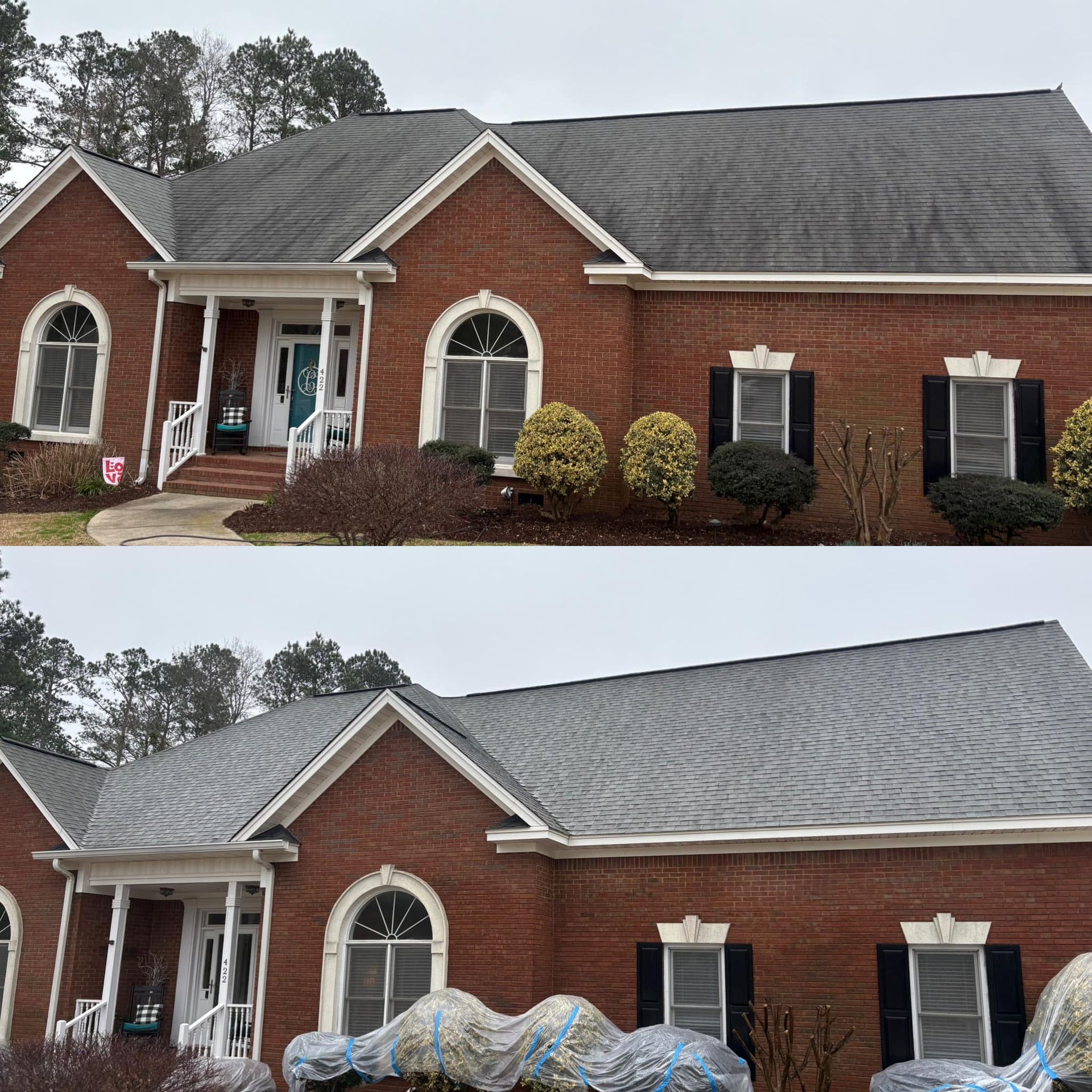Two images of a brick house with a gray roof and black shutters.