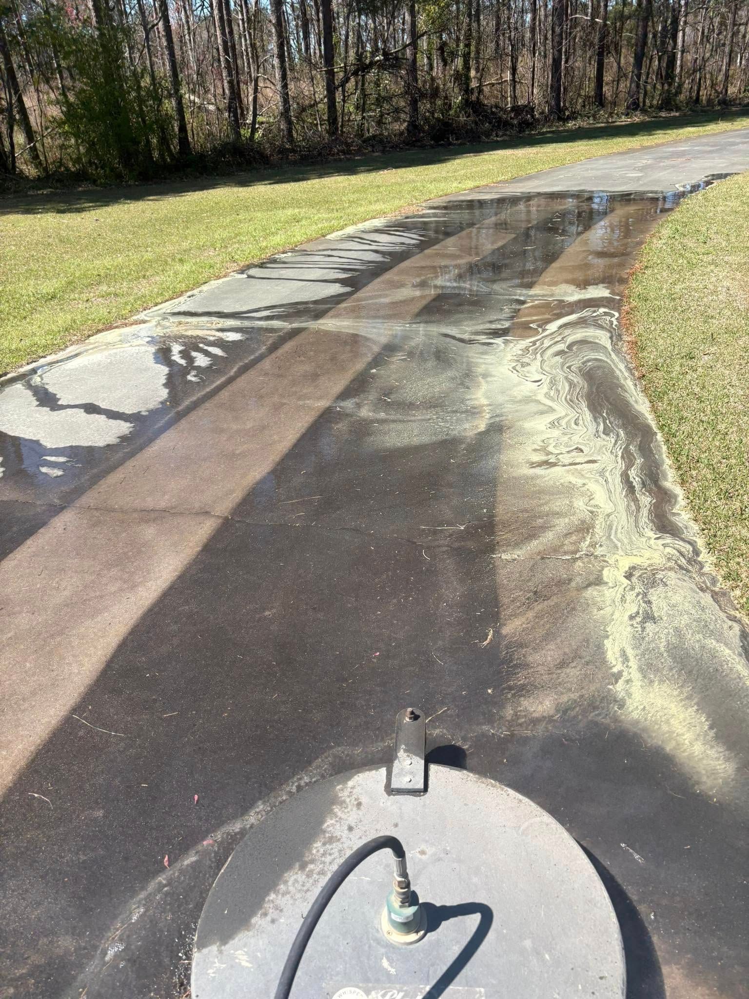Power washing a concrete walkway with visible clean and dirty sections.