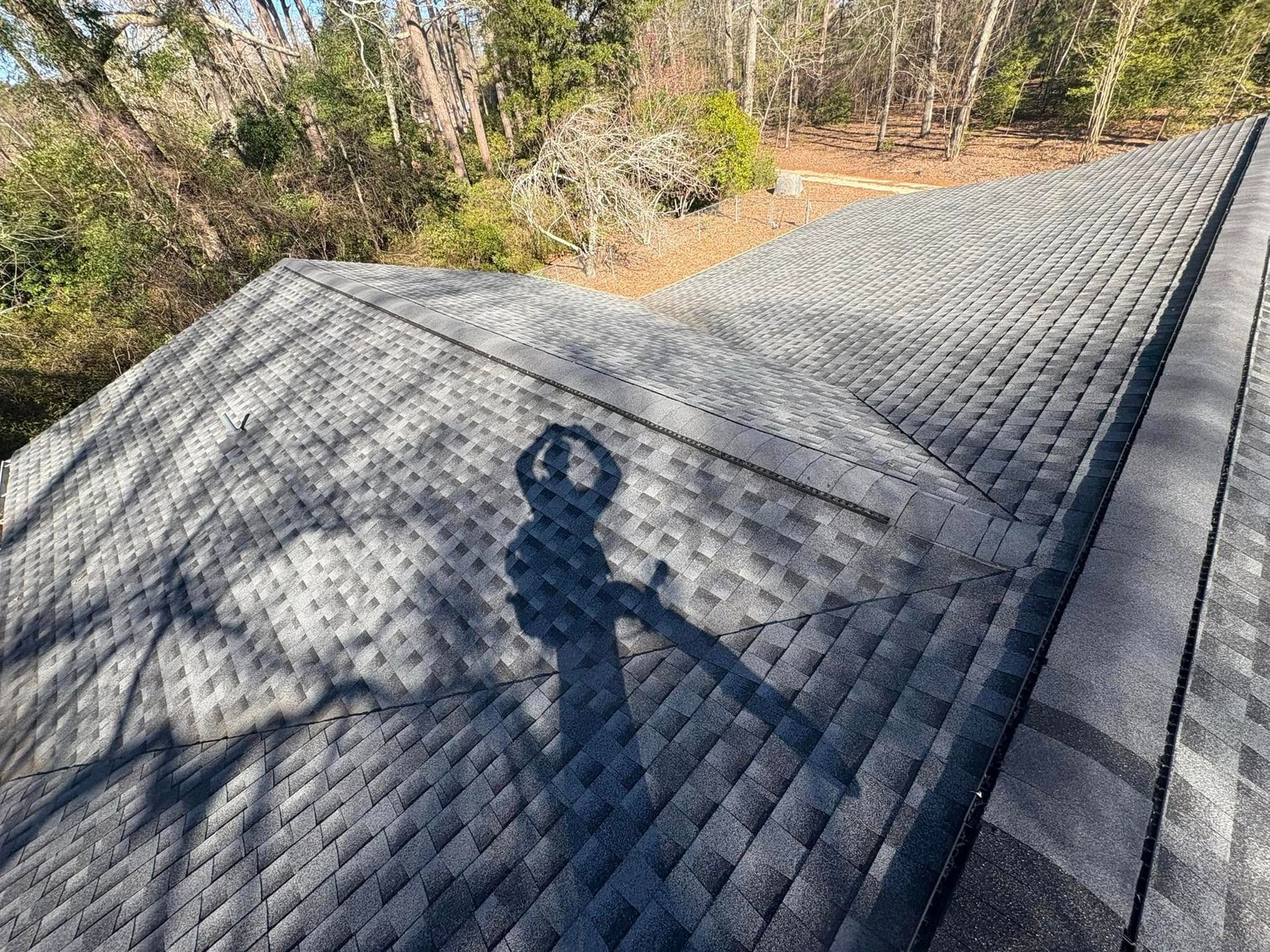 Shadow of a person on a dark gray shingled roof with trees in the background.