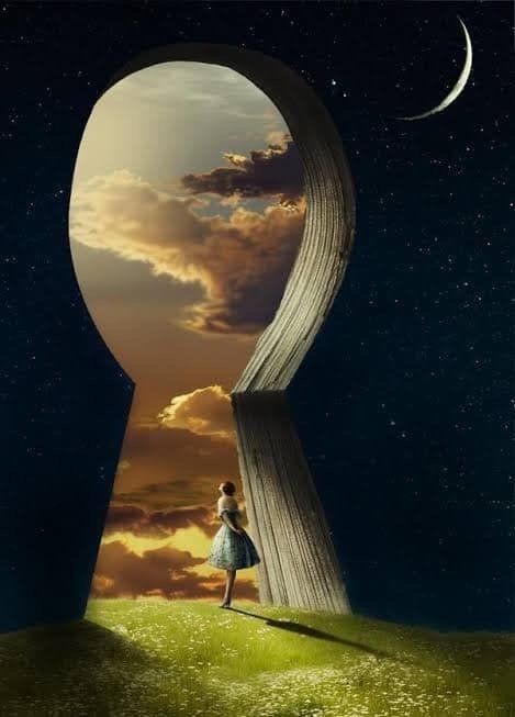 A woman stands in front of a keyhole with a crescent moon in the background