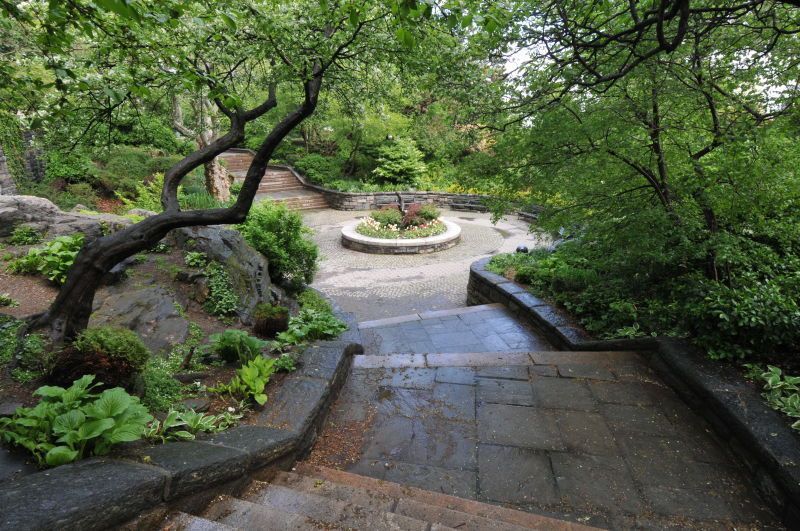 A set of stairs leading up to a fountain in a park surrounded by trees.