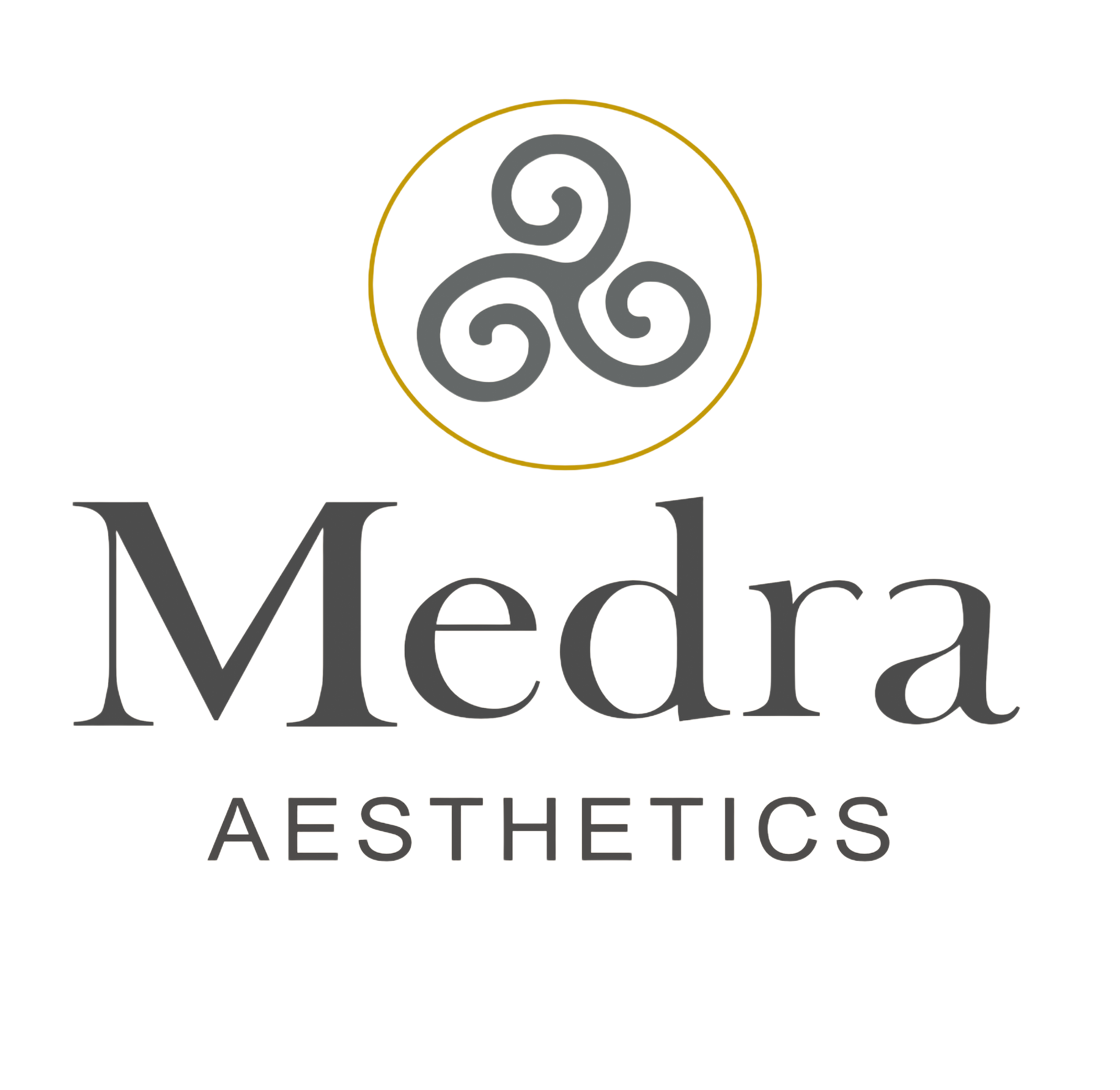 Logo for Medra Aesthetics: gray triskele symbol in gold circle above the name