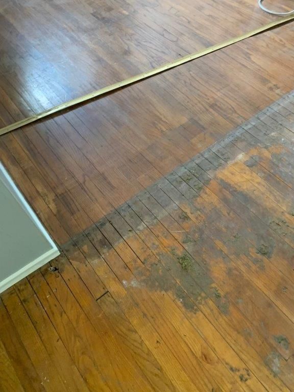 A wooden floor with a brass trim in a room.