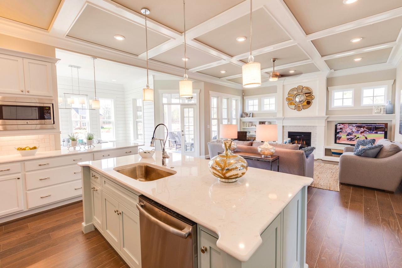 Elegant kitchen green island with white marble top | Kitchen Gallery | Stephen Alexander Homes | Chesapeake, VA