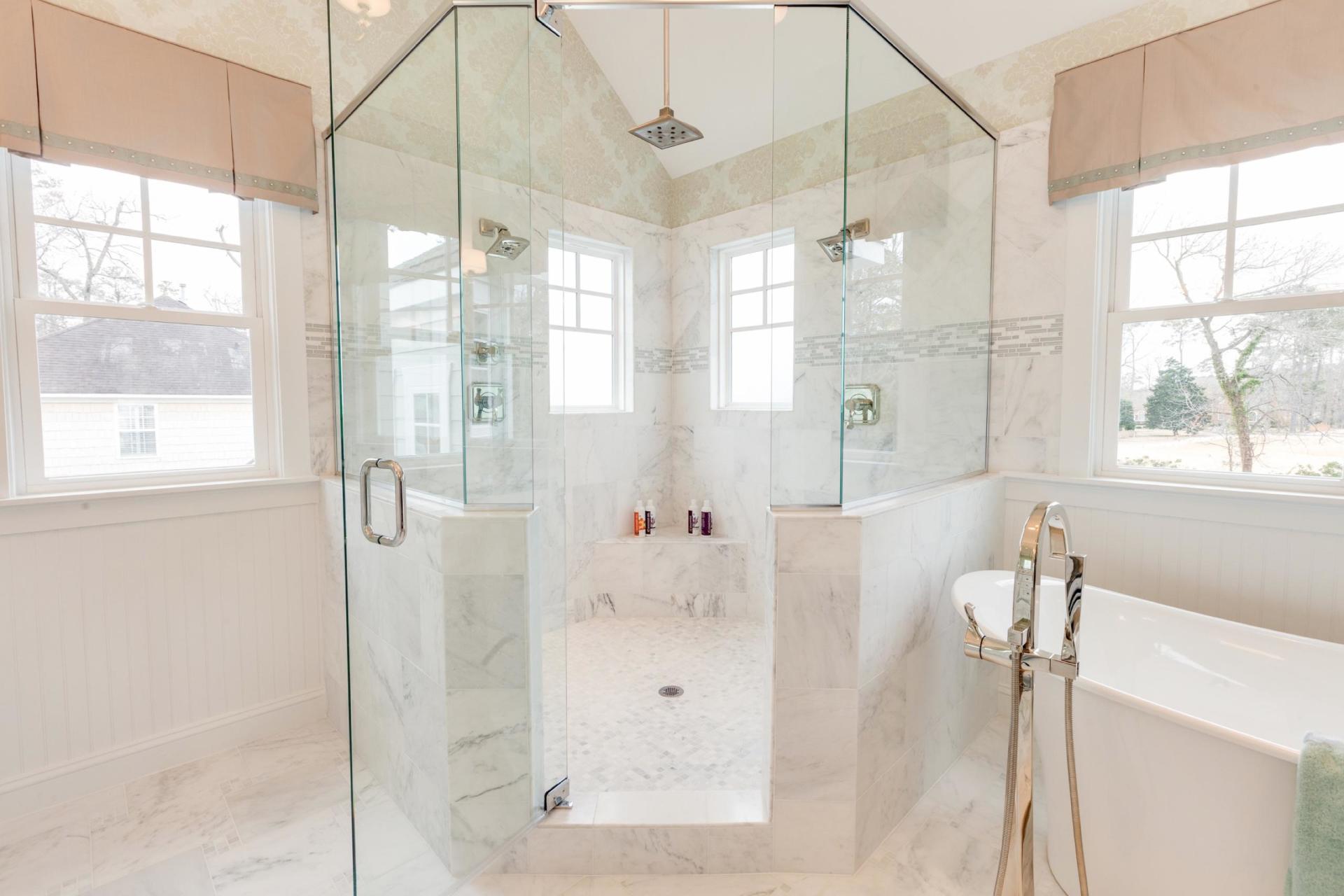Elegant bathroom shower with glassdoors | Bathroom Gallery | Stephen Alexander Homes | Chesapeake, VA