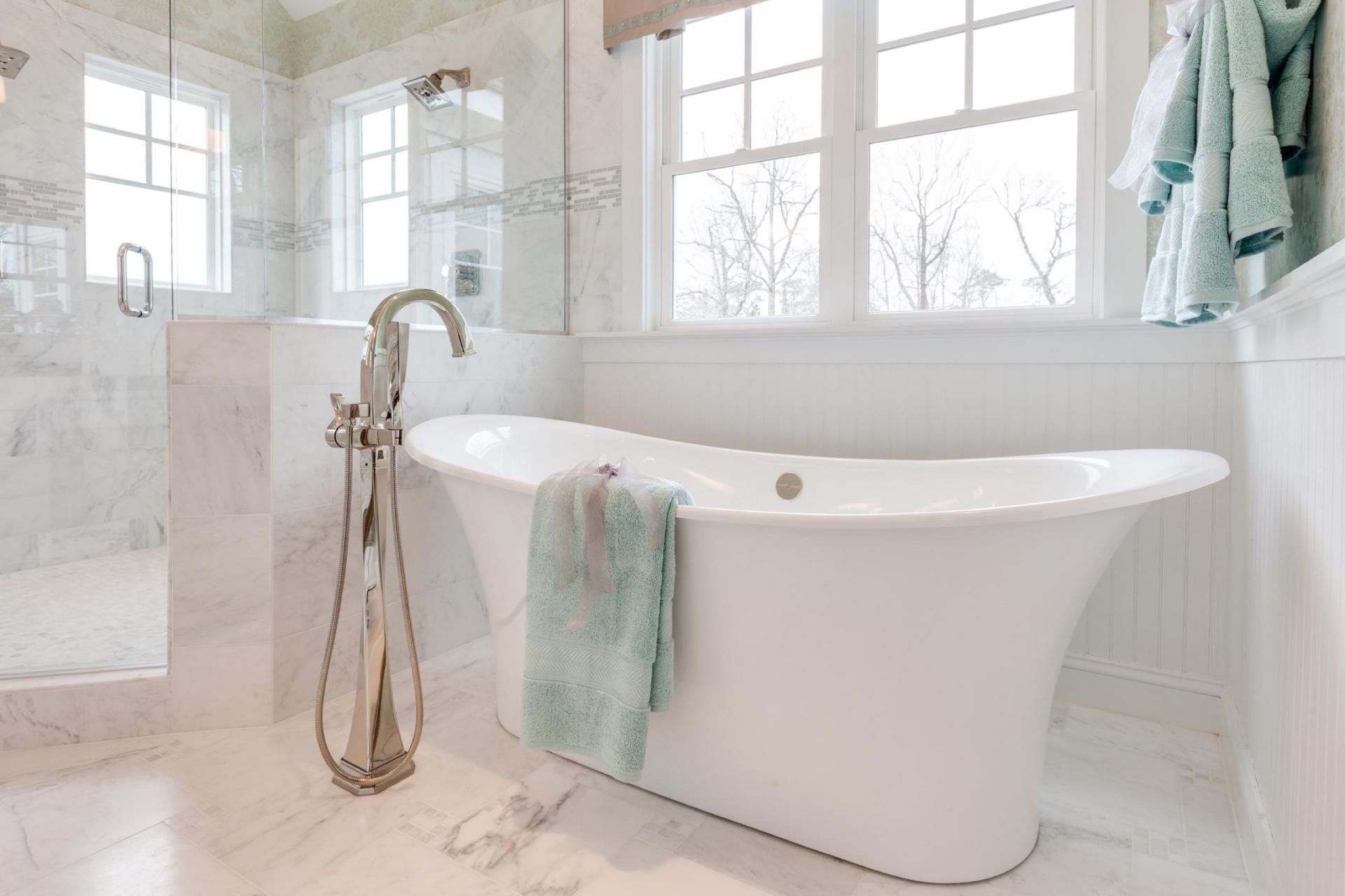Elegant bathroom white tub  | Bathroom Gallery | Stephen Alexander Homes | Chesapeake, VA