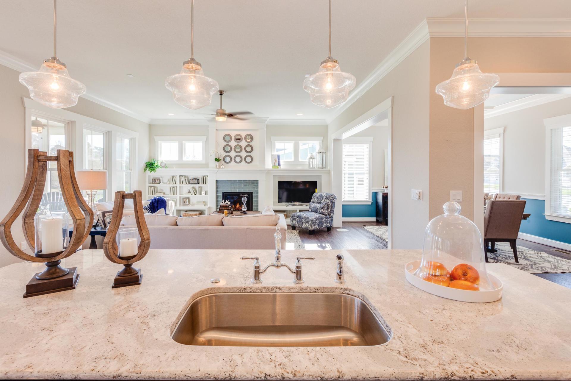 Elegant kitchen area with of living room | Living Spaces Gallery | Stephen Alexander Homes | Chesapeake, VA