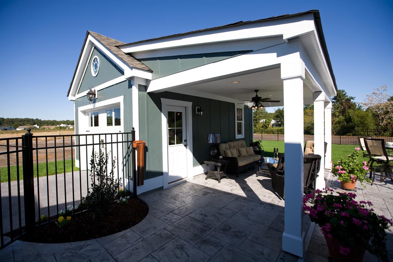 Elegant shed in exterior of green home  | Exterior Gallery | Stephen Alexander Homes | Chesapeake, VA