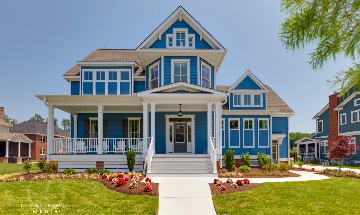 Elegant exterior of blue home  | Exterior Gallery | Stephen Alexander Homes | Chesapeake, VA