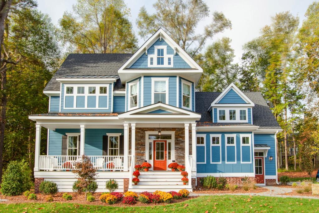 Elegant exterior of blue home  | Exterior Gallery | Stephen Alexander Homes | Chesapeake, VA