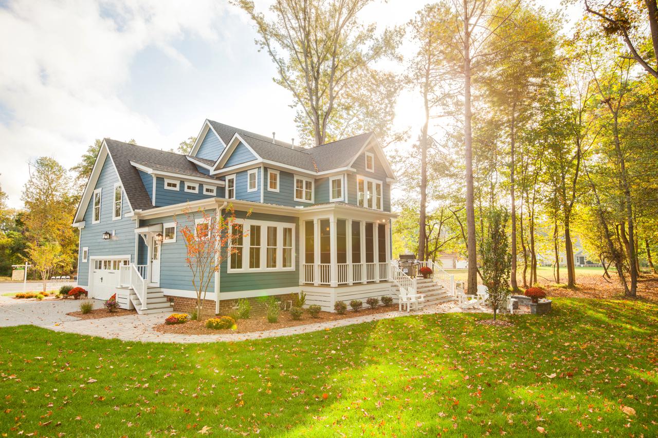 Elegant rear exterior of blue home  | Exterior Gallery | Stephen Alexander Homes | Chesapeake, VA