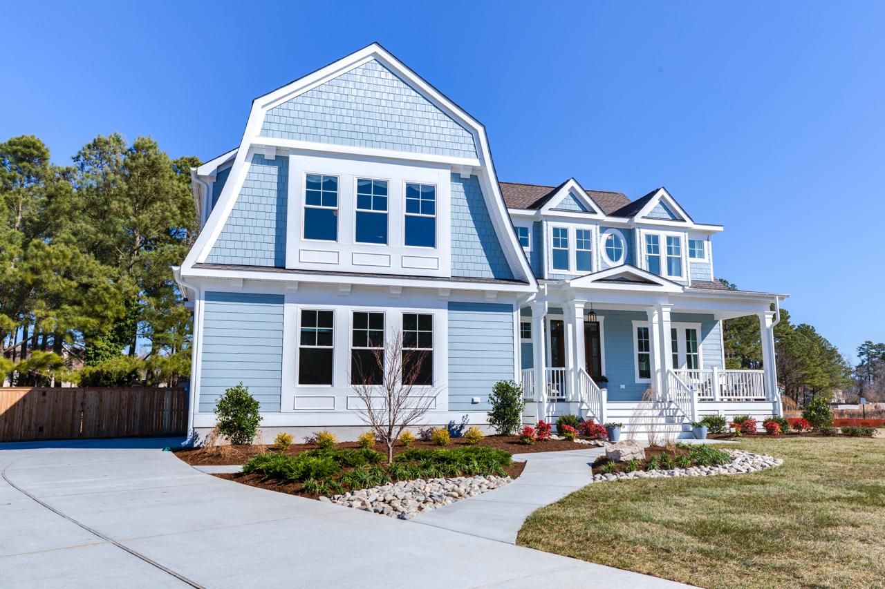 Elegant exterior of light blue home  | Exterior Gallery | Stephen Alexander Homes | Chesapeake, VA