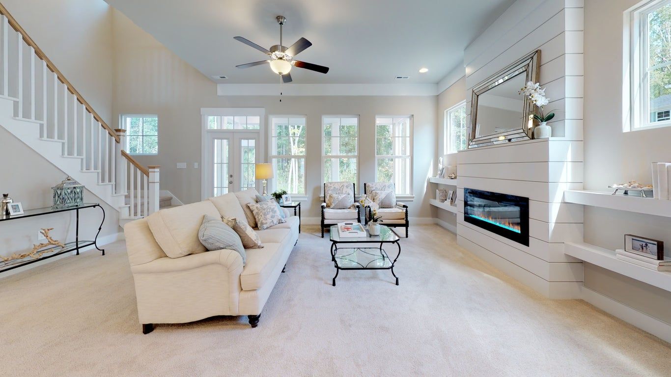 Elegant living area with fireplace | Cape Charles Plan | 3D Tours | Stephen Alexander Homes | Chesapeake, VA