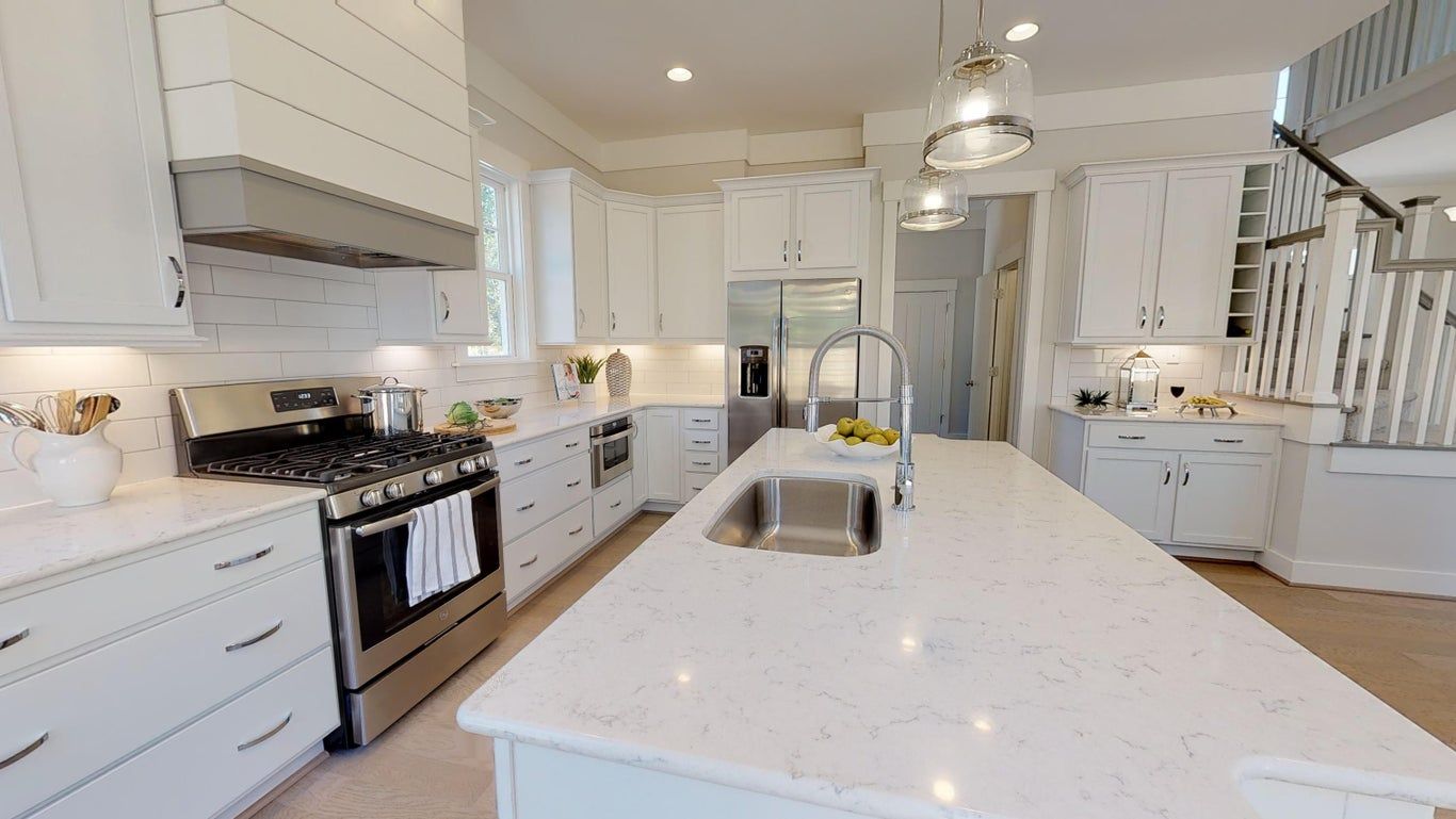 Elegant view of kitchen with island | Albemarle Plan | 3D Tours | Stephen Alexander Homes | Chesapeake, VA