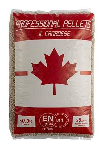 Sacchetto di pellet di legno canadese con logo a forma di foglia d'acero; rosso e bianco.