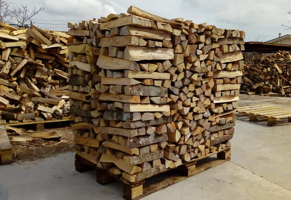 Catasta di legna da ardere accatastata su un pallet, all'aperto.