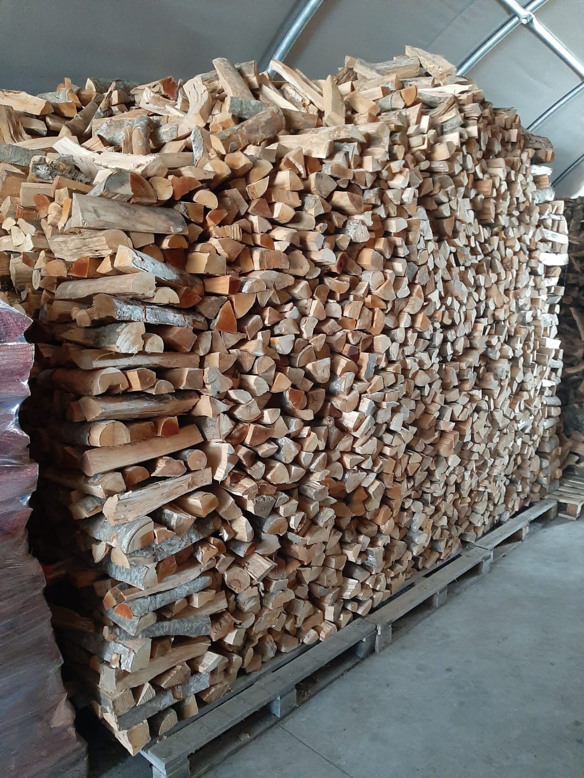Catasta di legna da ardere accatastata su pallet all'interno di una struttura.