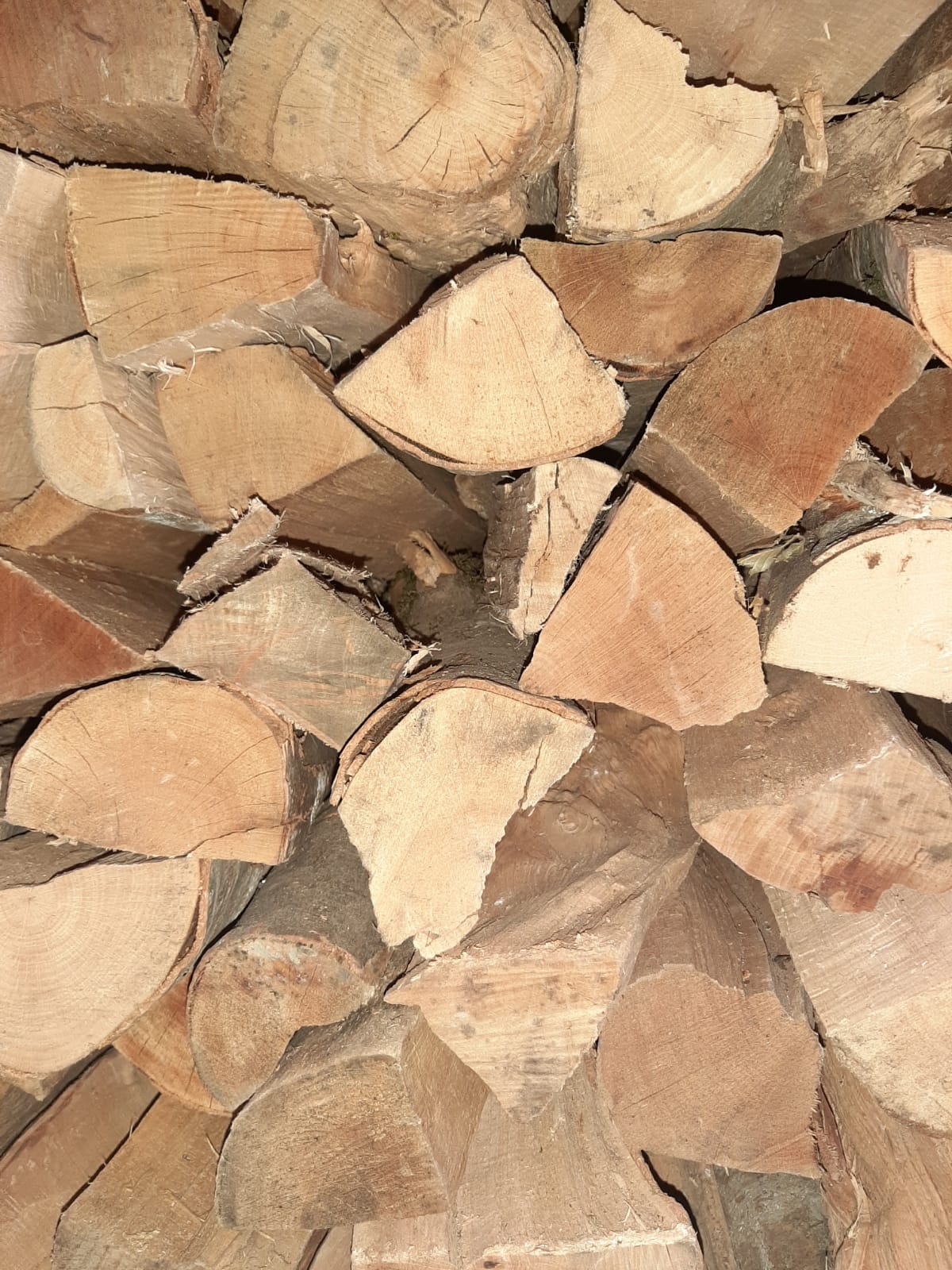 Catasta di legna da ardere accatastata, di varie forme e colori marrone chiaro, che riempie la cornice.