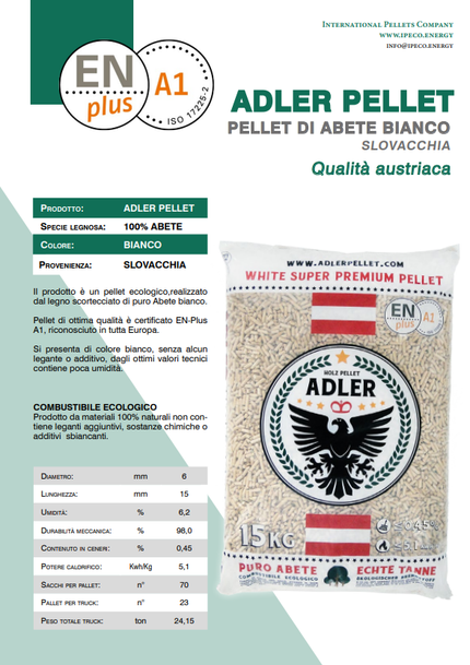 Sacco di pellet Adler, bianco con bandiera austriaca, certificato EN plus A1, slovacco, 15 kg.