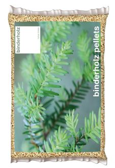 Sacchetto di pellet binderholz con immagine di una pianta verde.