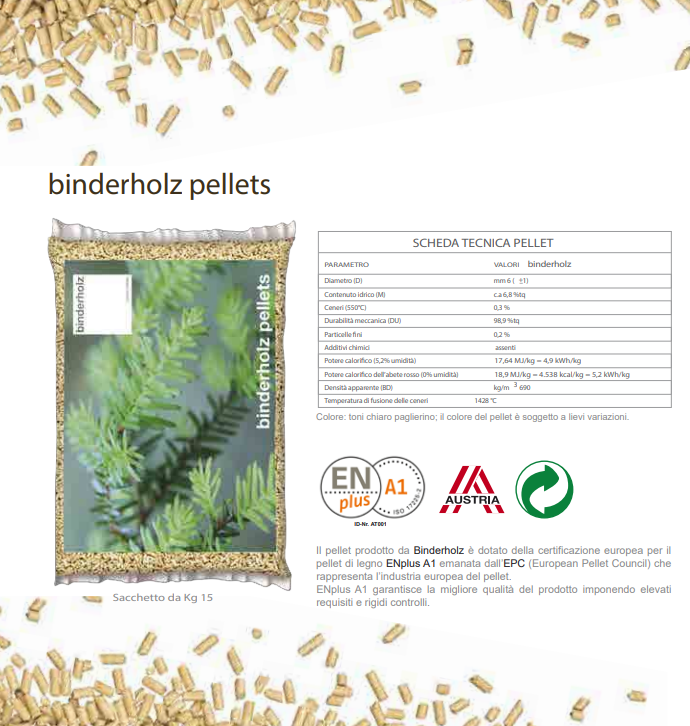 Sacco di pellet binderholz con specifiche tecniche e certificazioni.