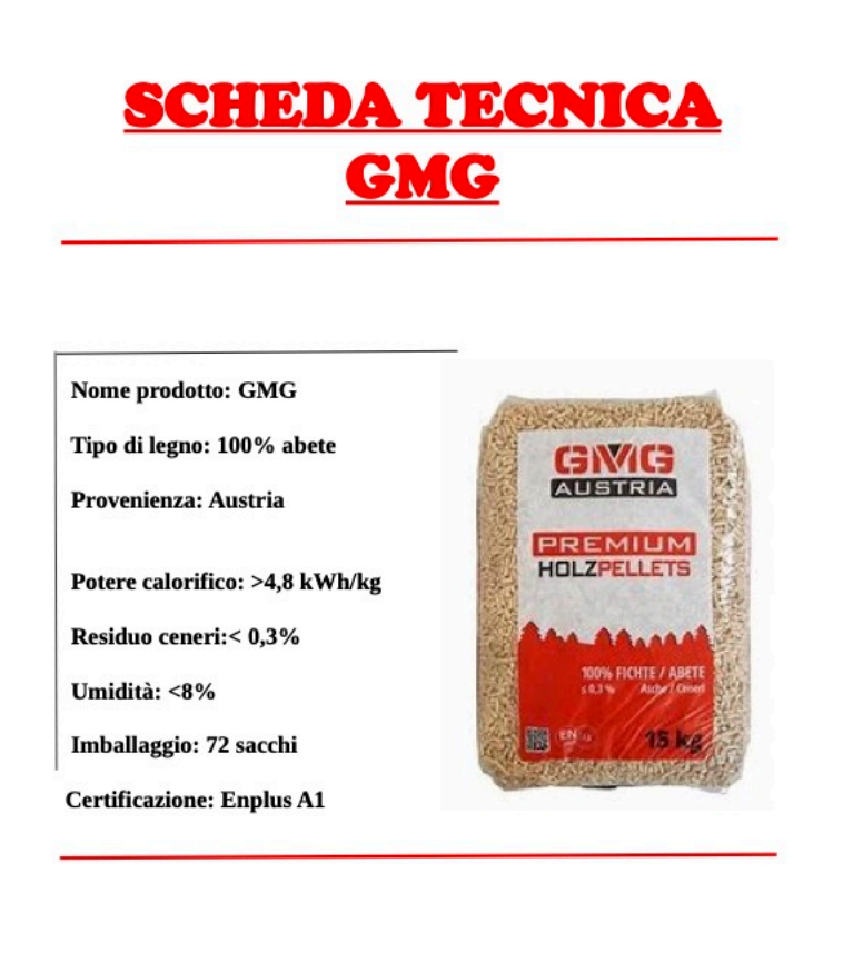 Scheda tecnica dei pellet di legno GMG, con dettagli del prodotto e un sacco di pellet.