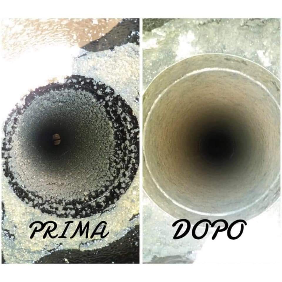 Camino prima e dopo la pulizia. A sinistra si nota l'accumulo di fuliggine. A destra, l'interno pulito.