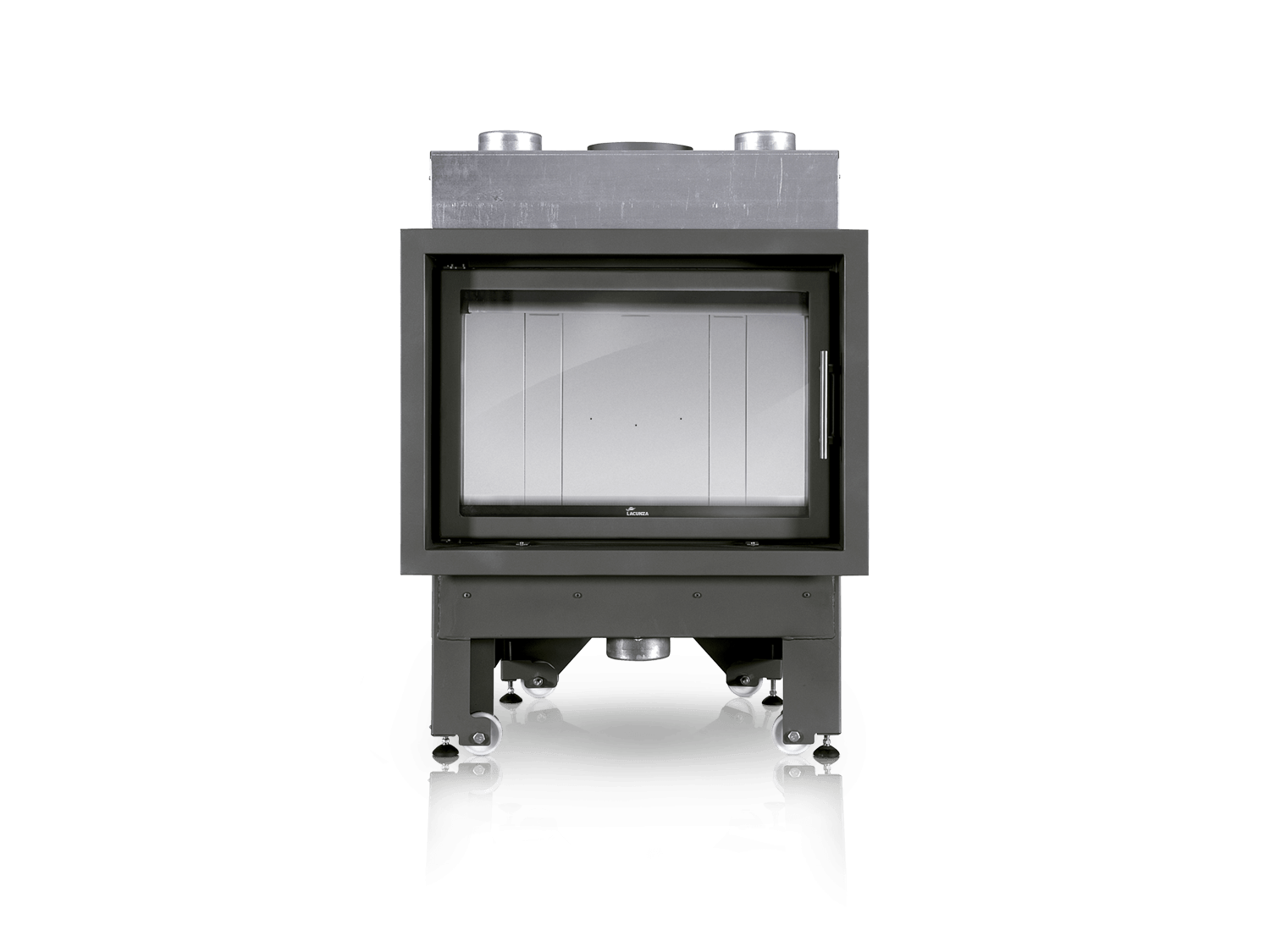 Caminetto moderno con porta in vetro, cornice in metallo grigio e ventilazione nella parte superiore.