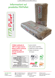 Informazioni sul prodotto ITA Pellet: sacchi di pellet bianchi, specifiche in italiano, loghi PEFC e EN Plus.