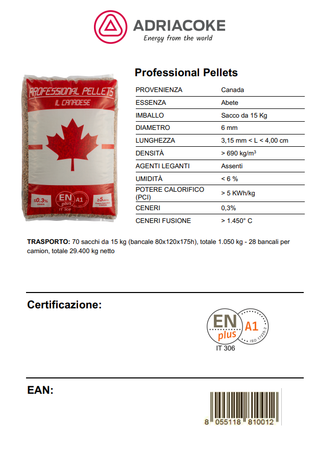 Sacco di pellet di legno con bandiera canadese e specifiche tecniche.