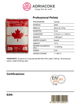 Sacchetto di pellet con bandiera canadese e dettagli del prodotto in italiano. Include certificazione e codice a barre.
