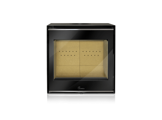 Camino elettrico nero con porta in vetro, interno beige.