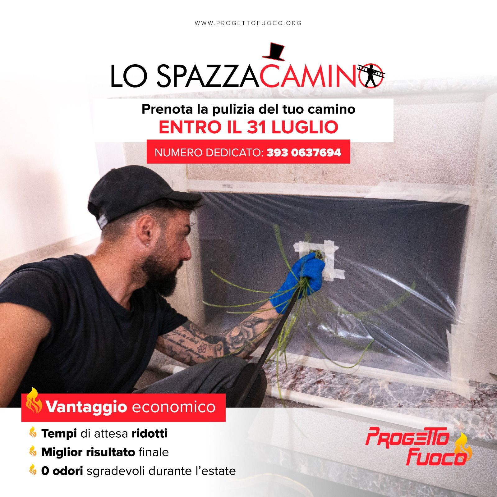 Uomo che pulisce un camino. Testo: 