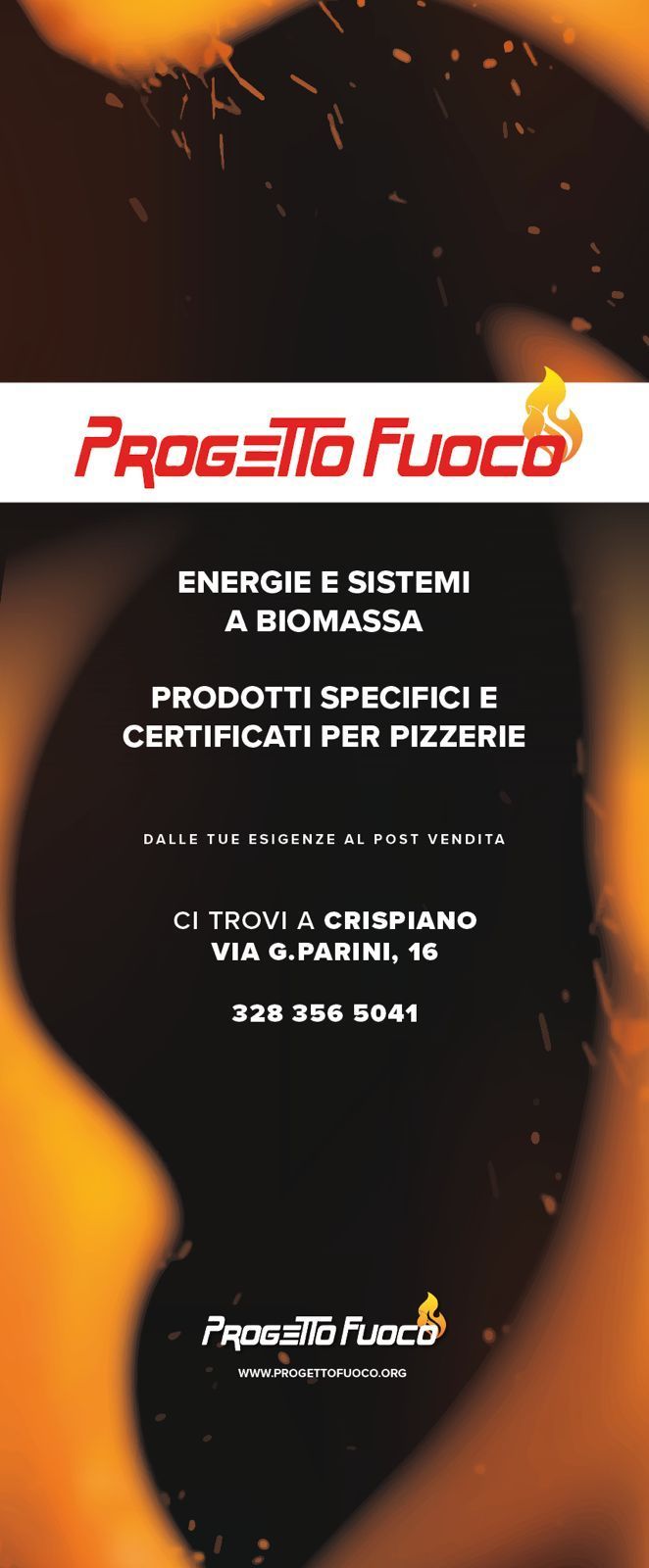 Brochure del Progetto Fuoco che promuove l'energia e i sistemi con biomassa su sfondo scuro.