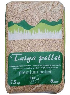 Un sacchetto di pellet di taiga con un'etichetta verde e bianca