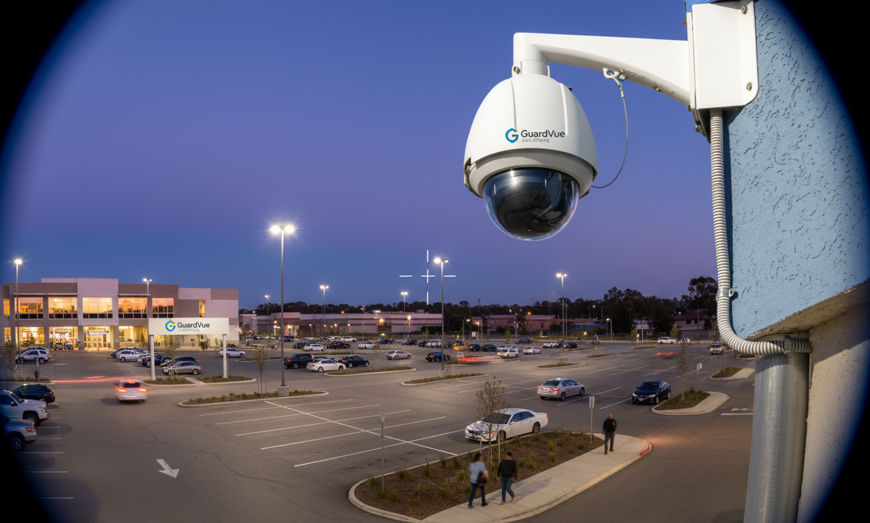 Security camera over a parking lot at dusk, with buildings and cars visible.