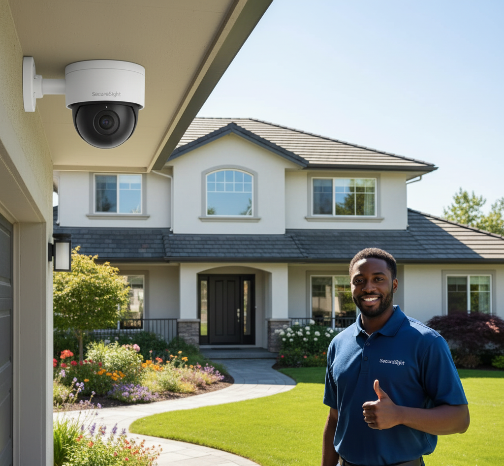 Man giving thumbs up next to home with security camera mounted on garage.