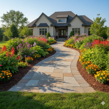 Stone path curves to a beige house with a garden of colorful flowers on either side, sunny day.