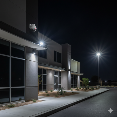 Night exterior of a modern commercial building with bright lighting and security camera.