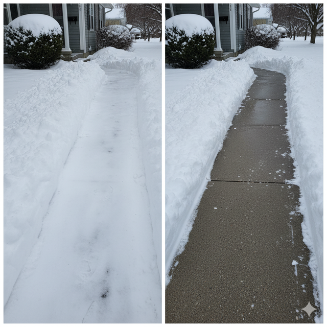 Snow-covered walkway cleared of snow; a before and after comparison.