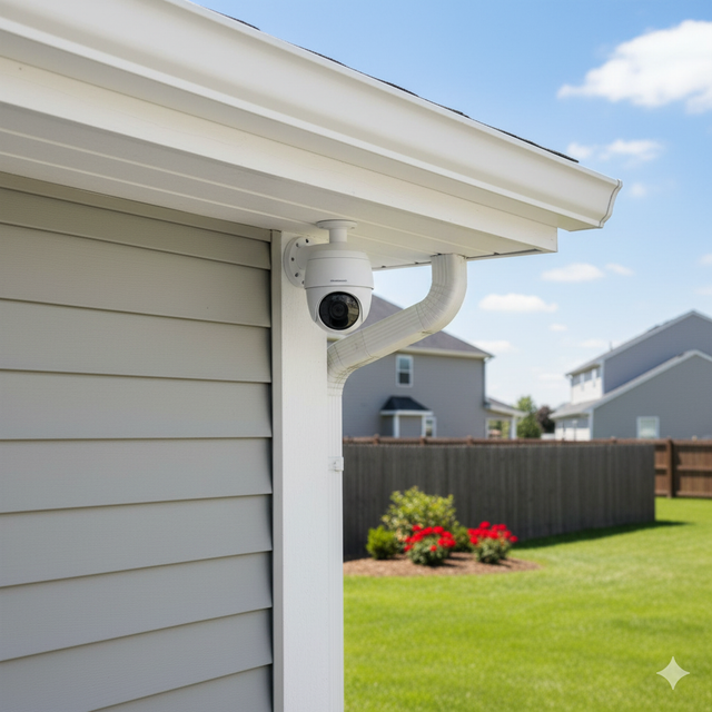 Security camera mounted under a house eave. Gray siding, white trim, and a grassy yard.