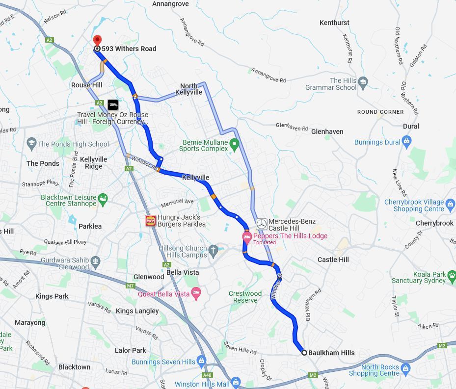 driving directions of a map showing the route of a journey, Baulkham Hills to Rouse Hill.