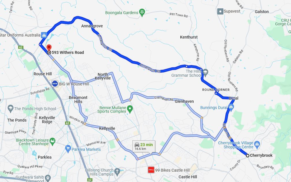 driving directions of a map showing the route of a journey, Cherrybrook to Rouse Hill.