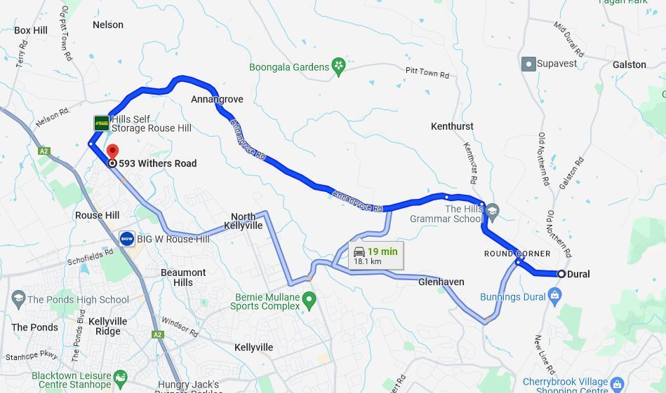 a map showing the route of a journey, Dural to Rouse Hill.