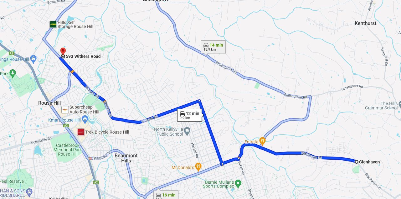 driving directions of a map showing the route of a journey, Glenhaven to Rouse Hill.