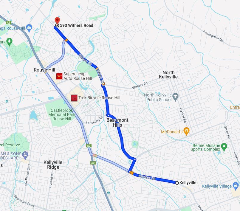 a map showing the route of a journey, Kellyville to Rouse Hill.